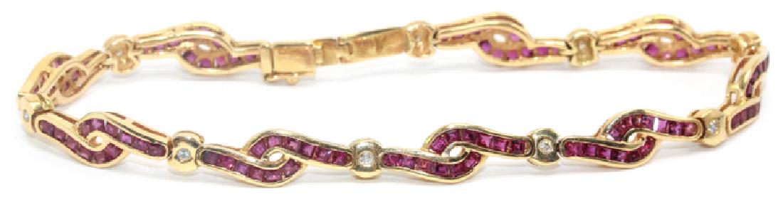 14Kt Yellow Gold, Ruby & Diamond Bracelet: 14Kt Yellow Gold, Ruby & Diamond Bracelet. 7.67dwt/11.96g.