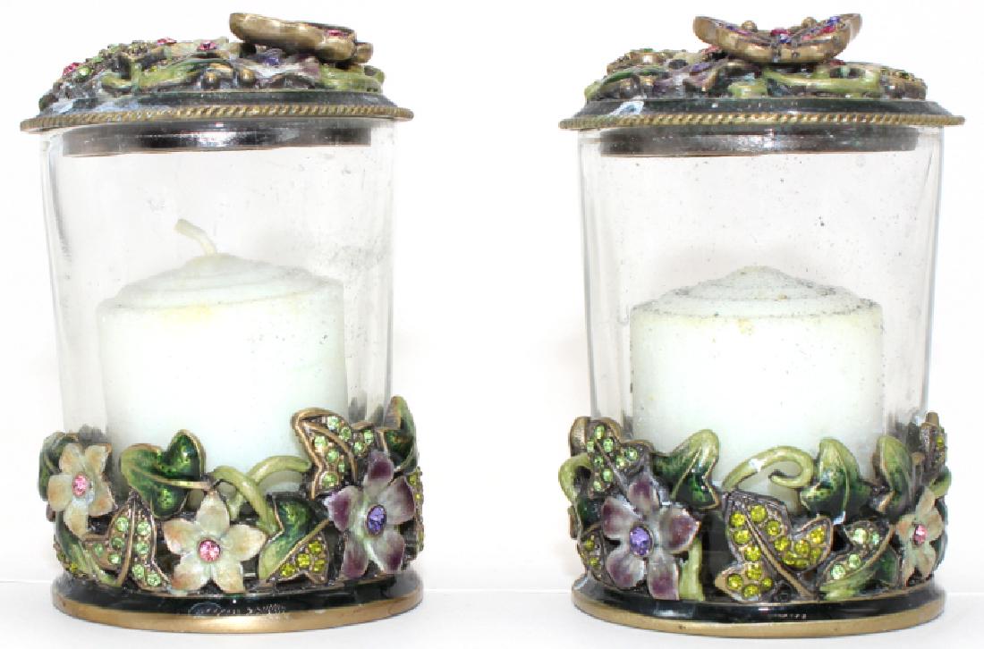 Pair of Jay Strongwater & Glass Candleholders: Pair of Jay Strongwater & Glass Candleholders. Measures - 3" h. One is missing pieces, glass bottom.