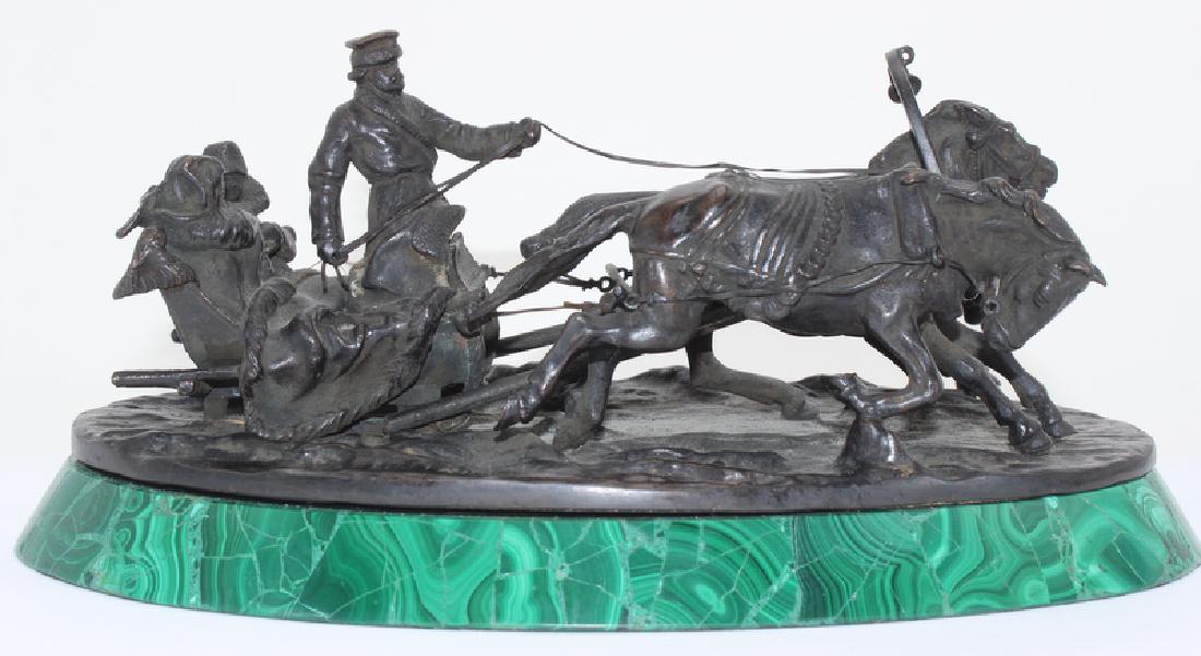Vassili Yakovlevich Grachev (Russian, b. 1831-1905): Vassili Yakovlevich Grachev (Russian, b. 1831-1905) Winter Ride in the Troika Bronze on Malachite. Measures - 4.5" h x 9.5" long.