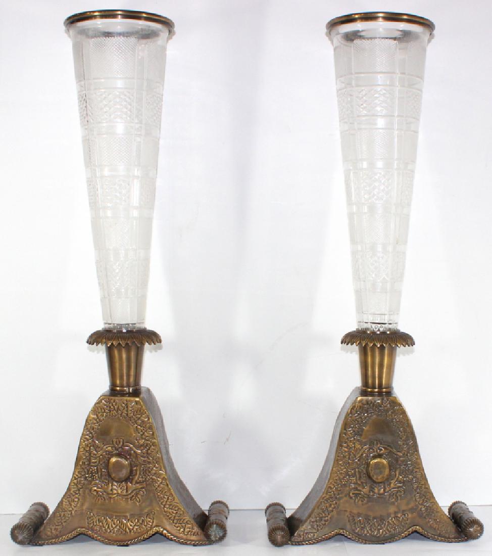 Pair of French Brass & Crystal Vase: Pair of French Brass & Crystal Vase. Measures - 26" h.