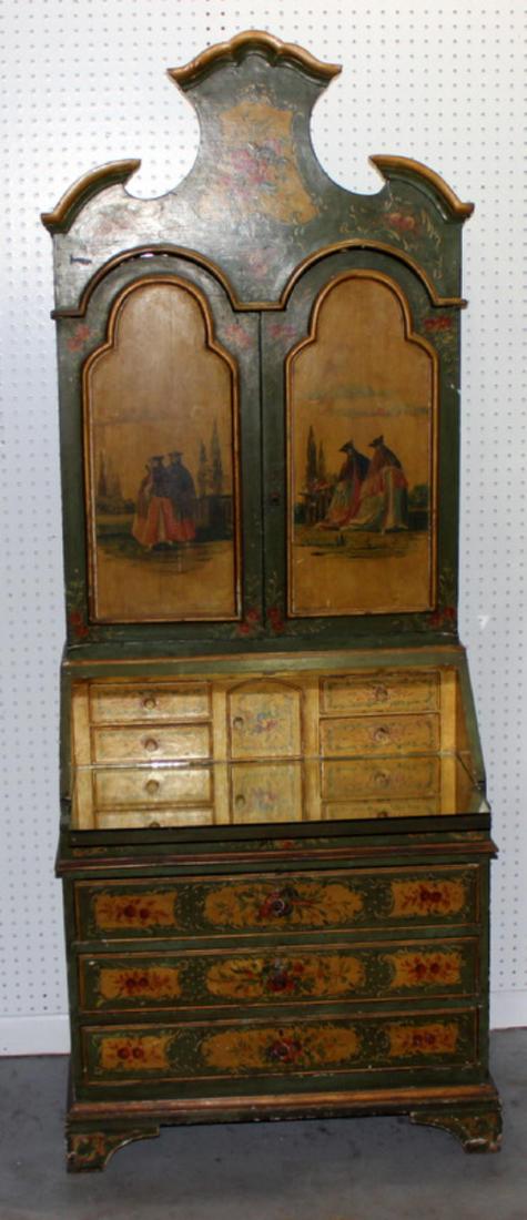 18th Century Venetian Hand Painted Two Door Curio: 18th Century Venetian Hand Painted Two Door Curio Cabinet With Mirrored Interior Desk & Drawers. Measures - 74" h x 28.25" w x 20.25" depth.