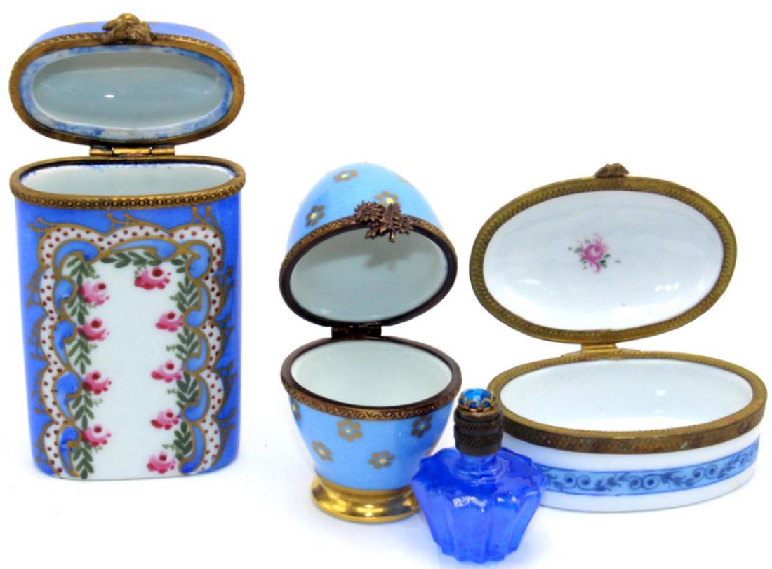 Three pcs Limoge trinket box: Limoge porcelain trinket box measures 3 1/2" x 2 1/4" H