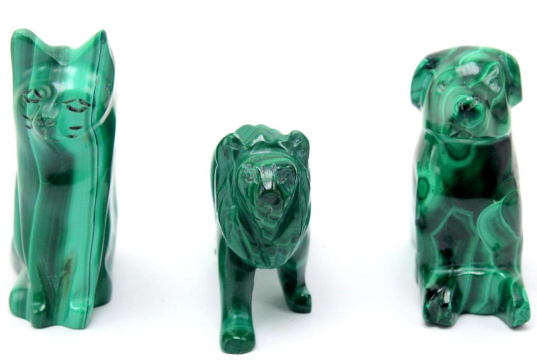 Lot of three chinese carved malachite figures: Lion, Cat, and Dog malchite chinese carved figures measures 2" H