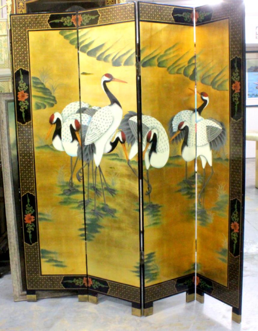 Chinese hand decoratd gold leaf four panel screen: Hand decorated four panel Chinese screen measures 72" H each panel is 16" W