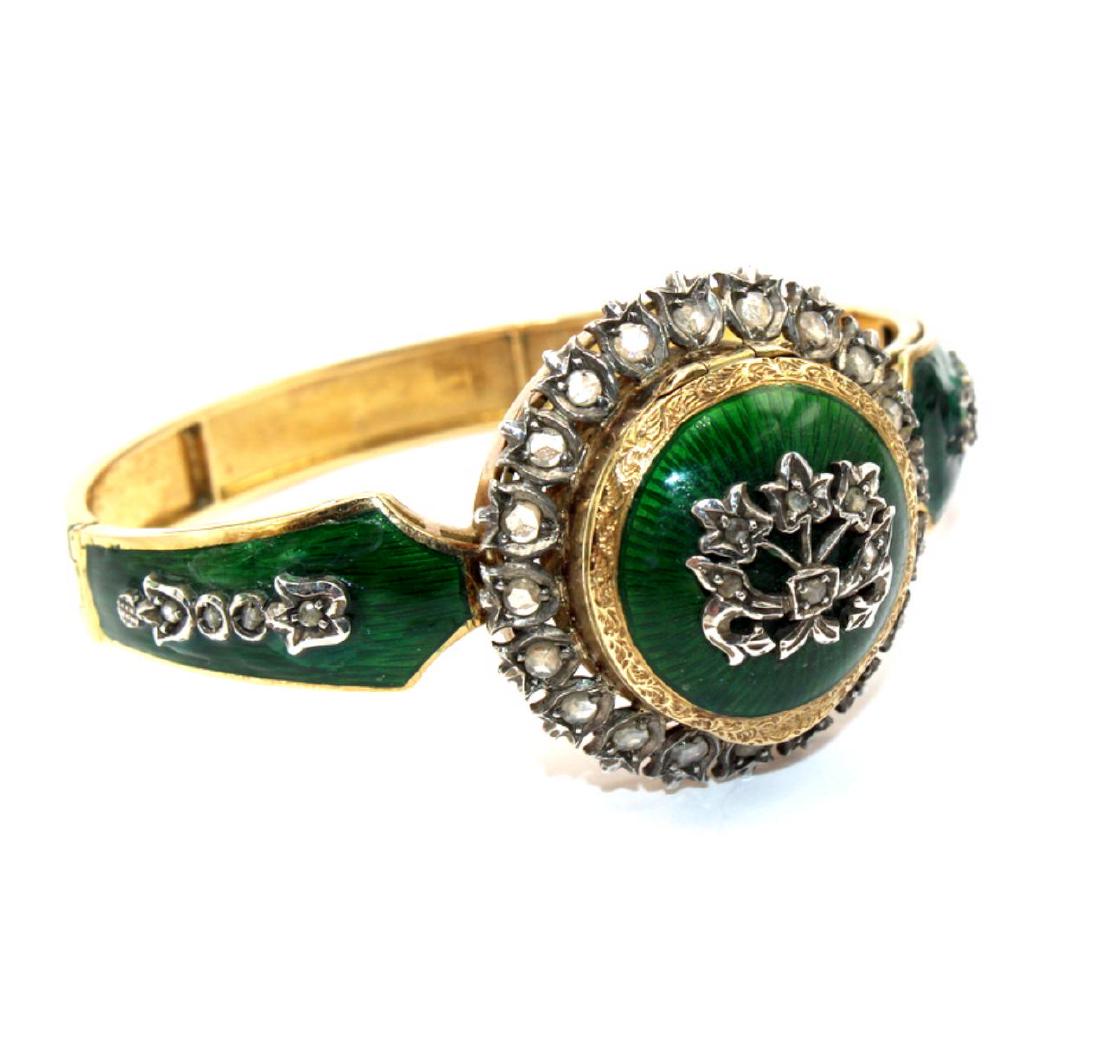 18kt Yellow Gold Diamond and Enamel Jewel Bracelet: 18kt Y.G. diamond and enamel, closed face boluva 23 jewel bracelet watch 29 PWT