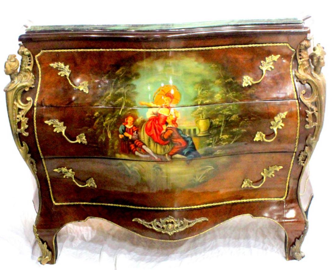 Louis XV style Vernis Martin marble top commode: Vernis Martin marble top Louis XV style commode measures 36 3/4" H x 46" L x 18" W