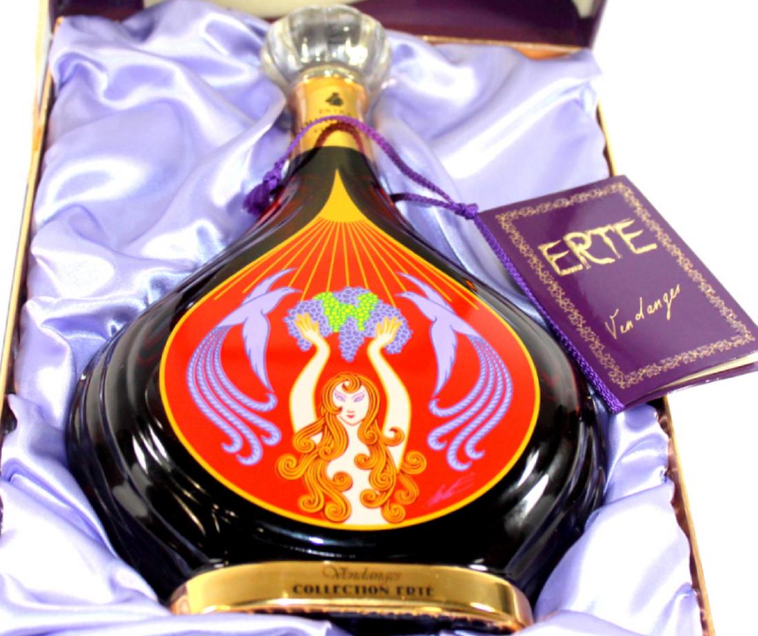 Erte Distillation Courvoisier Cognac #4: Sealed romain erte de tirtoff distillation bottle number F9370 in fitted presentation box with certificate of authenticity measures 10" H x 6 1/2" W