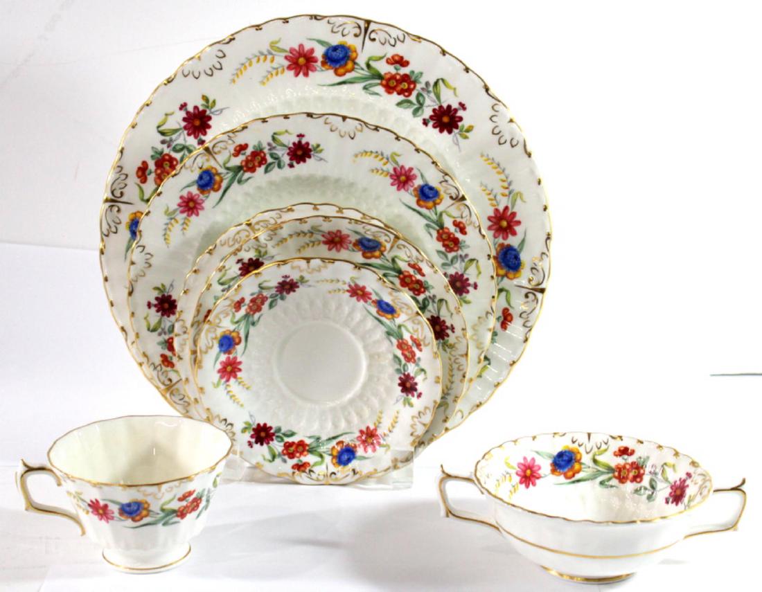 Royal Crown Derby Chatsworth China Dinnerware Lot of 83: Royal Crown Derby Chatsworth China Dinnerware includes 10 dinner plates, 9 salad plates, 10 cups, 18 saucers, 12 bread plates, 12 saucers, 12 cream soup bowl. Minor yellowing to some pieces sold as is