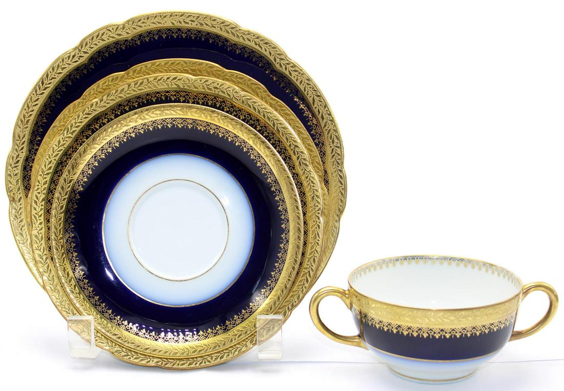 J.P Limoge France Porcelain Cabalt Blue set of 42 pcs: J.P. limoge france porcelain cobalt blue set includes 13 saucers, 12 cups, 9 bread plates, 8 salad plates