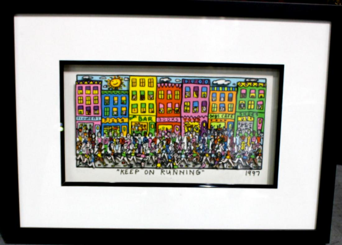 Signed James Rizzi Three Dimensional Keep on Running: James Rizzi three dimensional color lithograph signed + numbered 2/100 measures 6 1/2" high x 12" wide frame + matte is 3 1/2