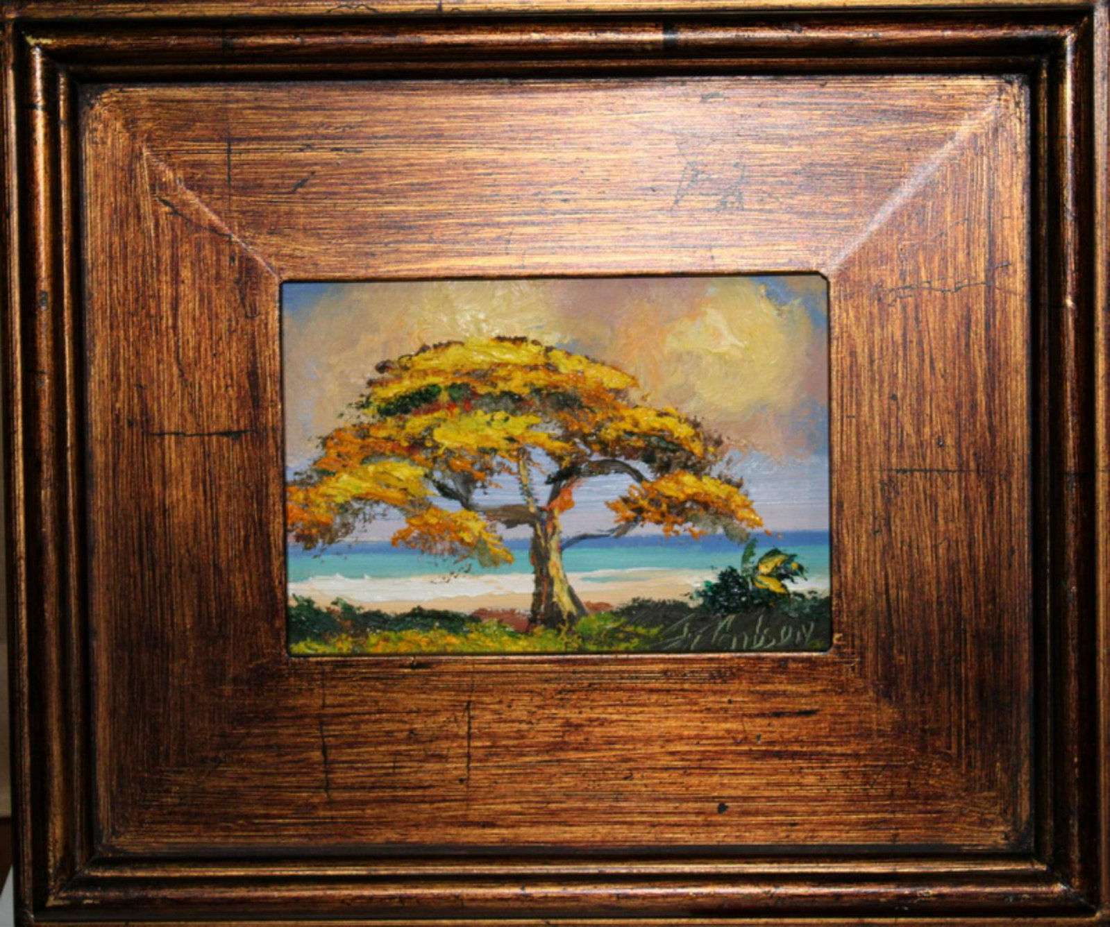 Signed James Gibson Florida Highwaymen Oil Painting: James Gibson florida highwaymen oil painting on masonite signed lower right with authentication + appraisal of artwork measures 4 3/8" high x 6 1/2" wide frame is 3