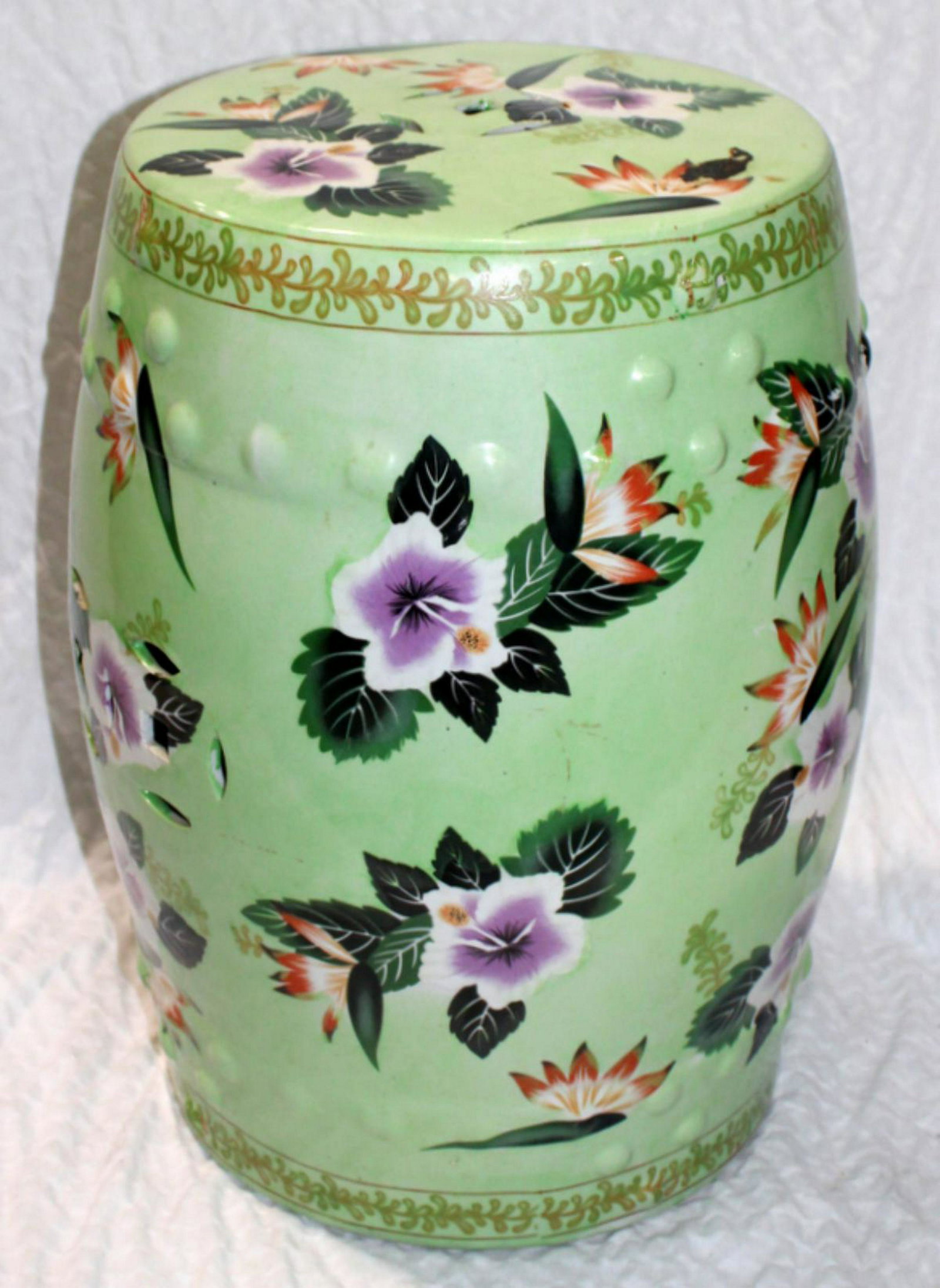 Chinese Celadon Porcelain Garden Seat: Chinese celadon porcelain garden seat measures 18" x 11"