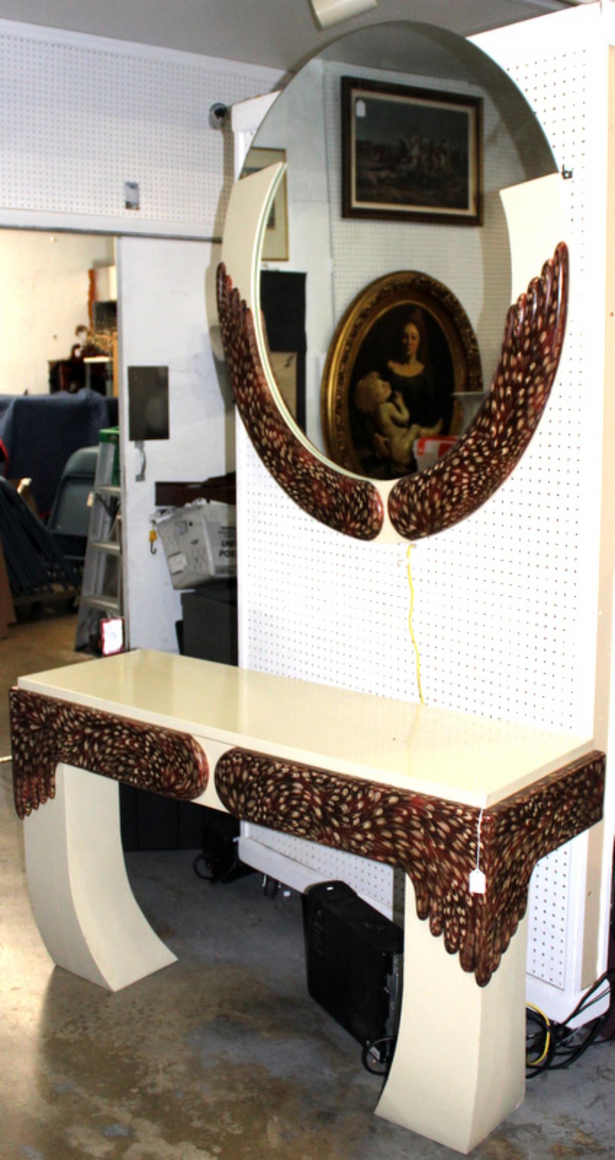 Karl Springer Style Console Table with Mirror: Karl Springer style console table with mirror, console measures 30" x 56" mirror measures 44" high