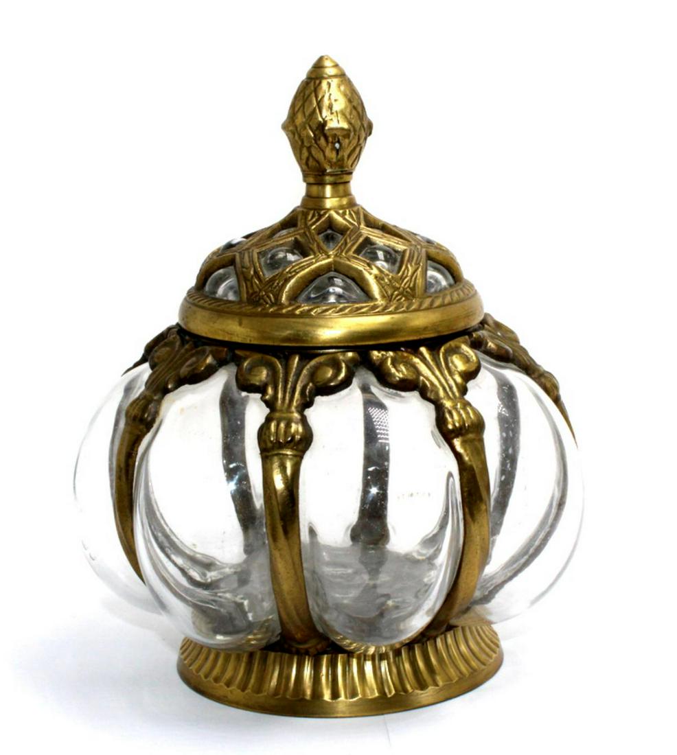 Bronze Mounted & Glass Bowl: Bronze mounted & glass covered bowl measures 9" High