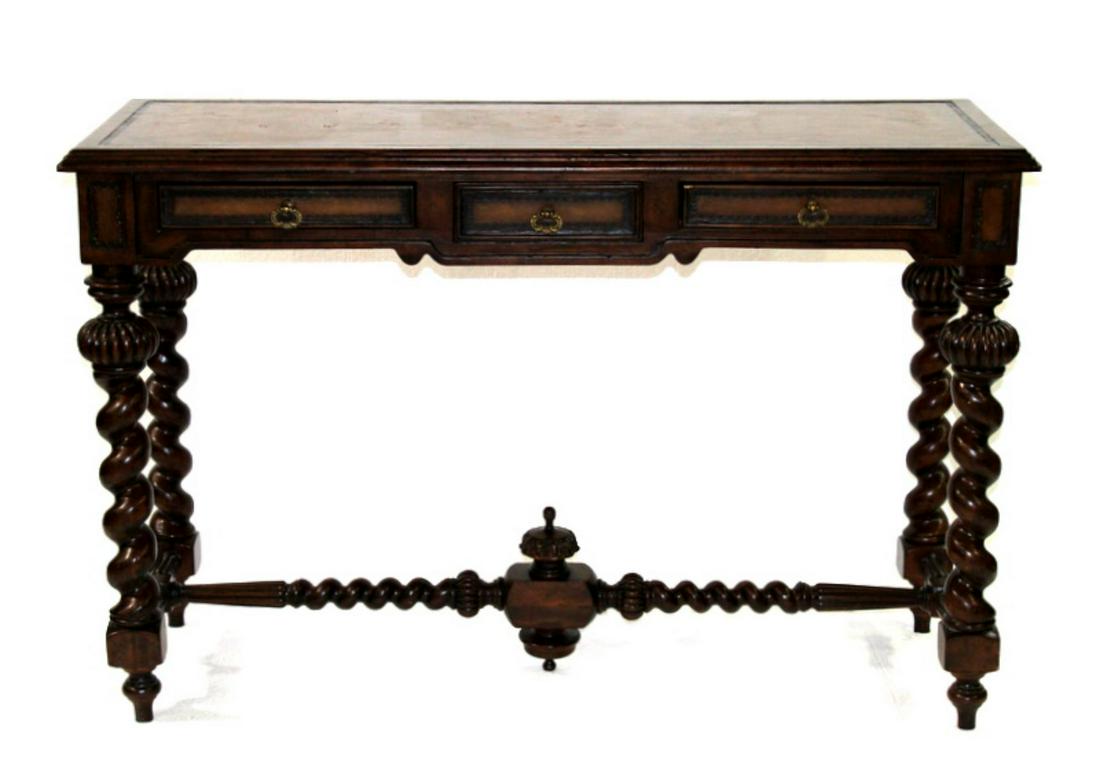 Imported Jacobean Style Console Table: Imported jacobean style three drawer console table measures 34" x 52" x 19"