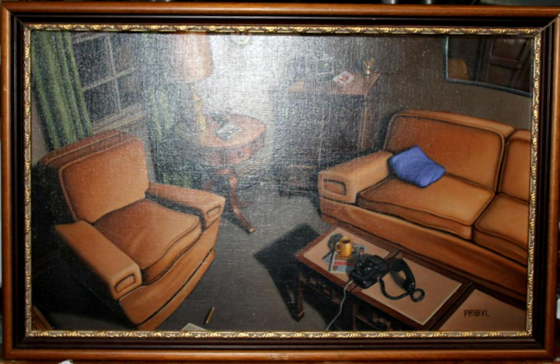 Signed Tom Pribyl Oil on Linen: Tom Pribyl oil on linen phone call for liz 1993 signed lower right measures 11 3/4" x 19 3/4" frame is 1"