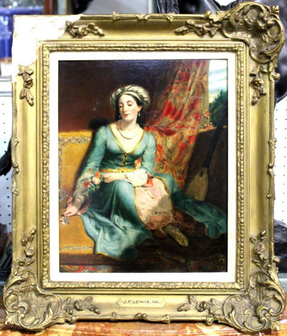 After John Frederick Lewis Oil Painting on Board: After John frederick Lewis (British, 1805-1876) oil painting on board depicting a lady measures 15 1/2" x 12" frame is 3"