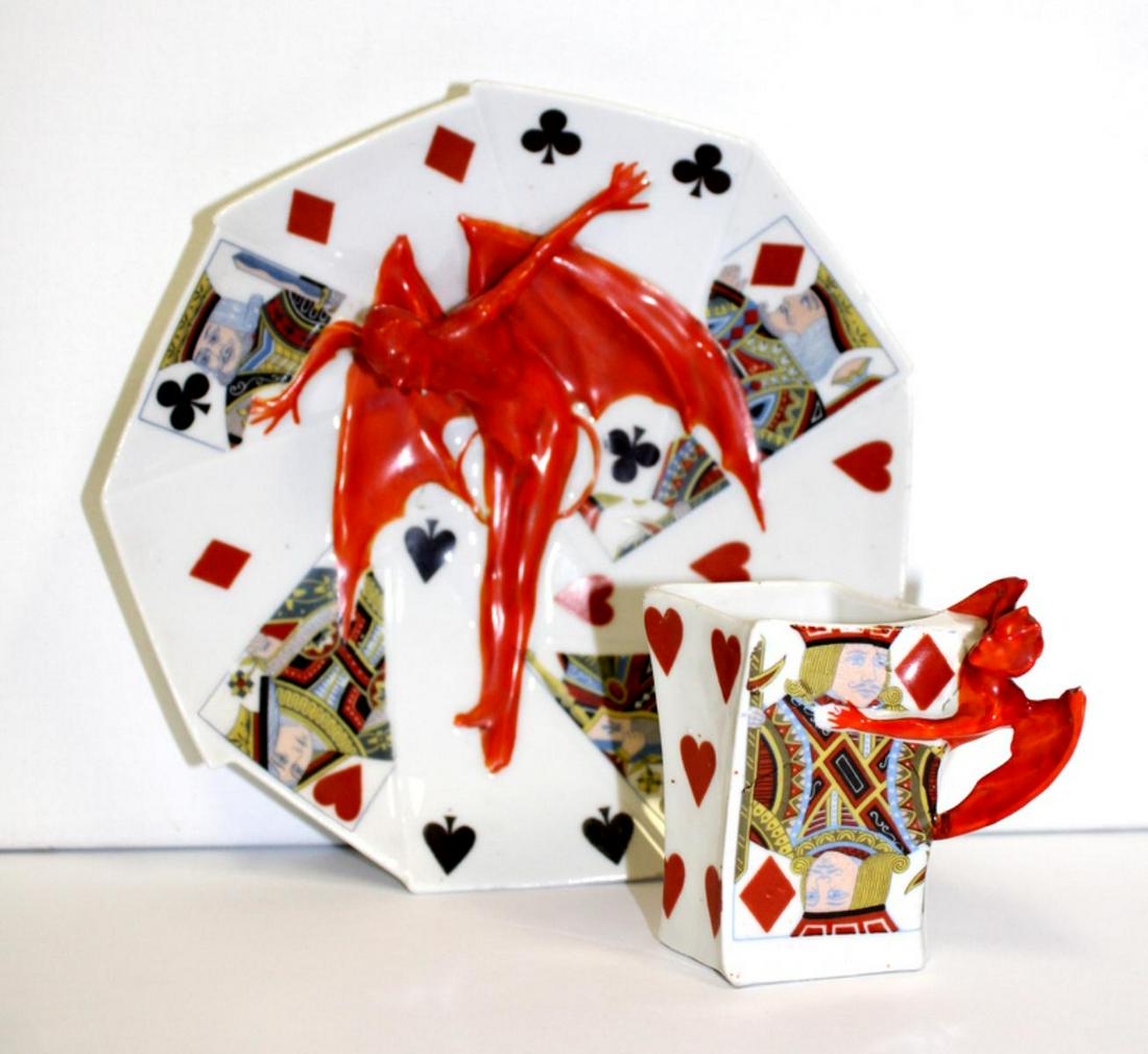 2 Pcs Royal Bayreuth Red Devil Candy Dish & Toothpick: Royal Bayreuth red devil & cards candy dish measures 6 1/2" DIA & toothpick holder measures 2 1/2" H