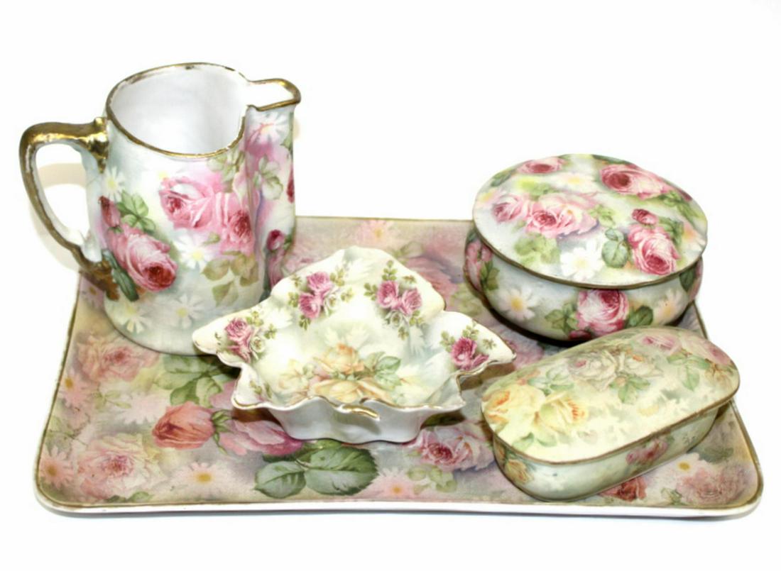 5 Pcs Royal Bayreuth Bavarian Rose Set: royal bayreuth bavarian rose tapestry includes tray measures 10 1/2" L, sugar bowl measures 4" L, candy dish measures 5" W, dish measures 4" L & creamer measures 4" H
