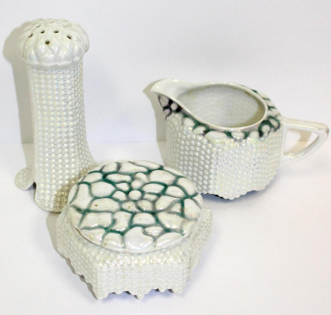 3 Pcs Royal Bayreuth Oyster & Pearl Set: 3 pcs royal bayreuth oyster & pearl creamer measures 2 1/2" H sugar with lid measures 1 3/4" & hat top pin holder measures 5" H