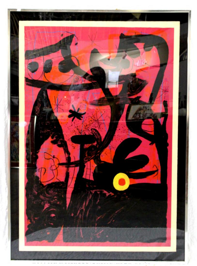 Signed Joan Miro Color Lithograph on Wove Paper: Joan Miro (spanish, 1893-1983) mannequin parade in istanbul lithograph in color on wove paper signed in pencil & numbered 60/75 measures 50" x 34" frame is 3" glass has small scratches