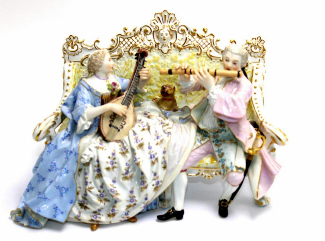 Meissen Porcelain Figural Musical Group: Meissen porcelain figural musical group marks crossed swords in underglaze blue measures 5 3/4" x 8"