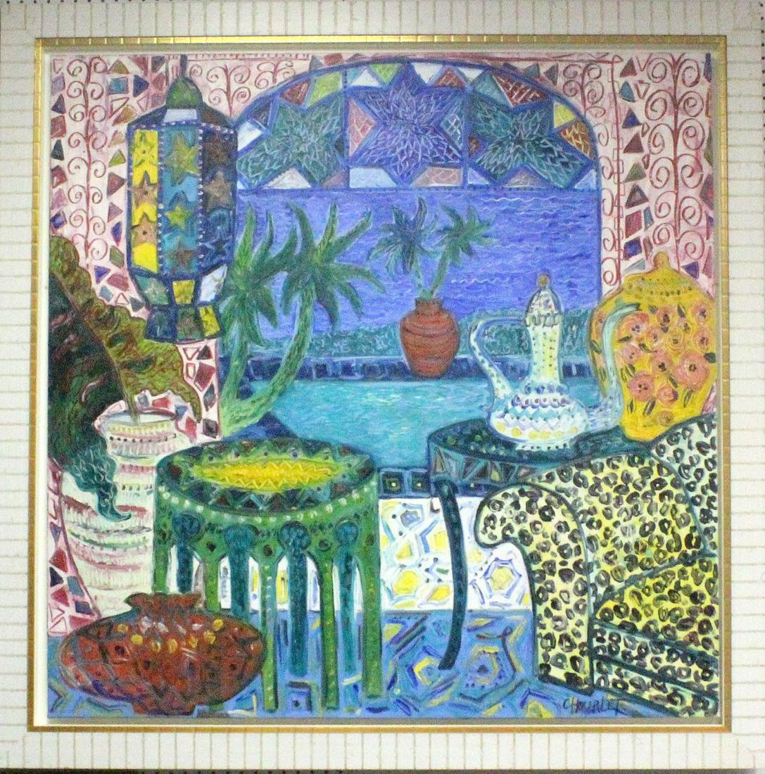 Signed Celine Chourlet Oil Painting on Canvas: Celine Chourlet (france, 1969) still life oil painting on canvas signed lower right measures 47" x 47" frame is 3 1/2"