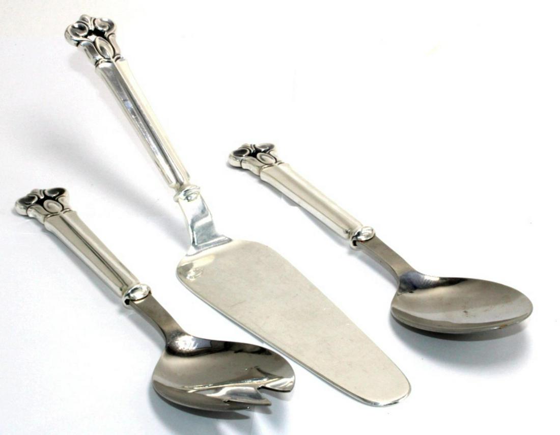 Cohr Denmark Sterling Silver Handle Serving Set: Cohr Denmark sterling silver handle serving set includes 1 cheese server, 1 fork salad & 1 large spoon measures 11" x 9"