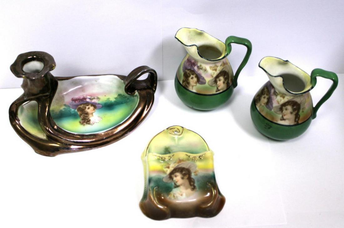 4 Pcs Royal Bayreuth Brittany Woman Set: 4 pcs royal bayreuth brittany woman includes candlestick holder, 2 creamers & wall match holder