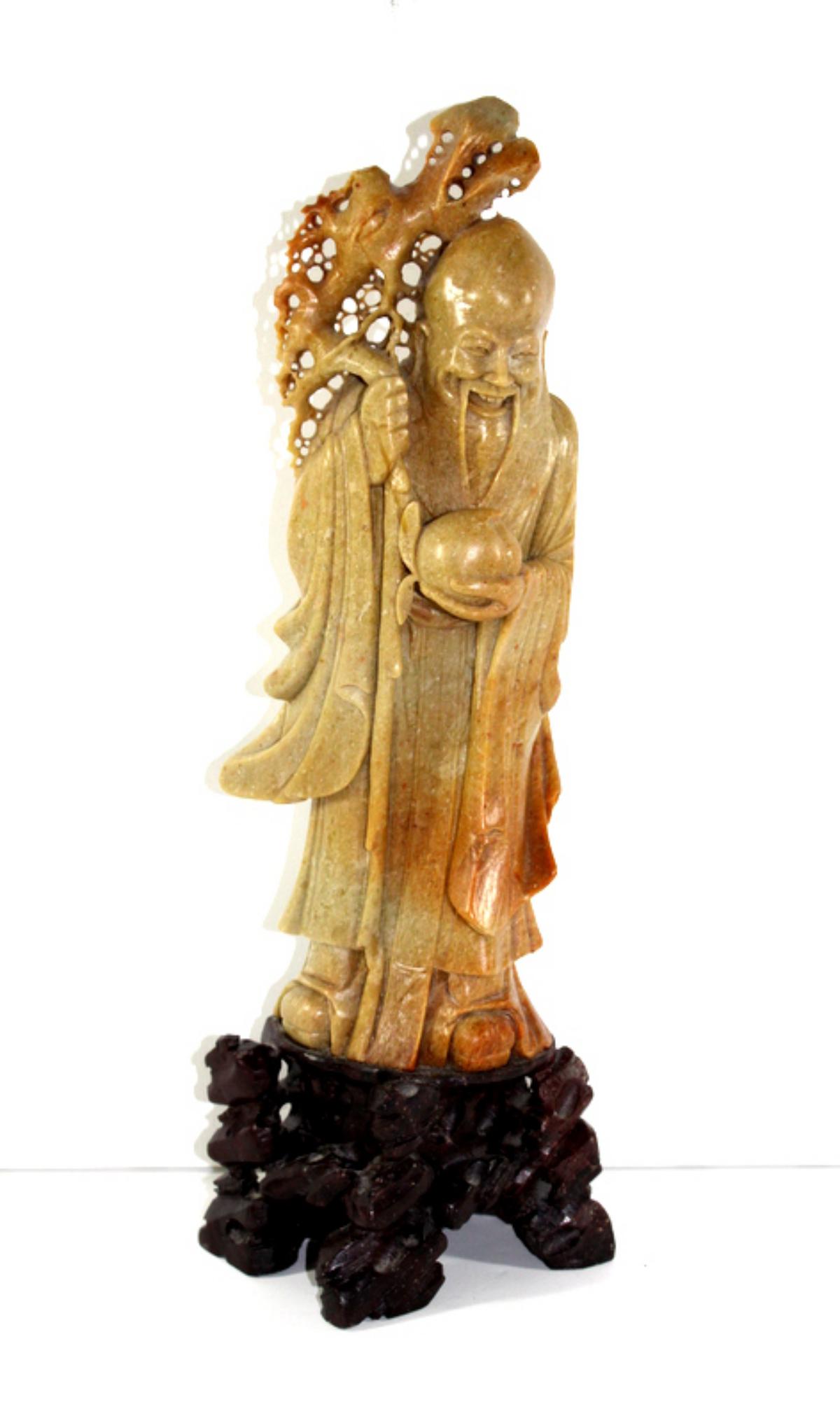 Chinese Carved Soapstone Statue: Chinese carved soapstone statue measures 16" H