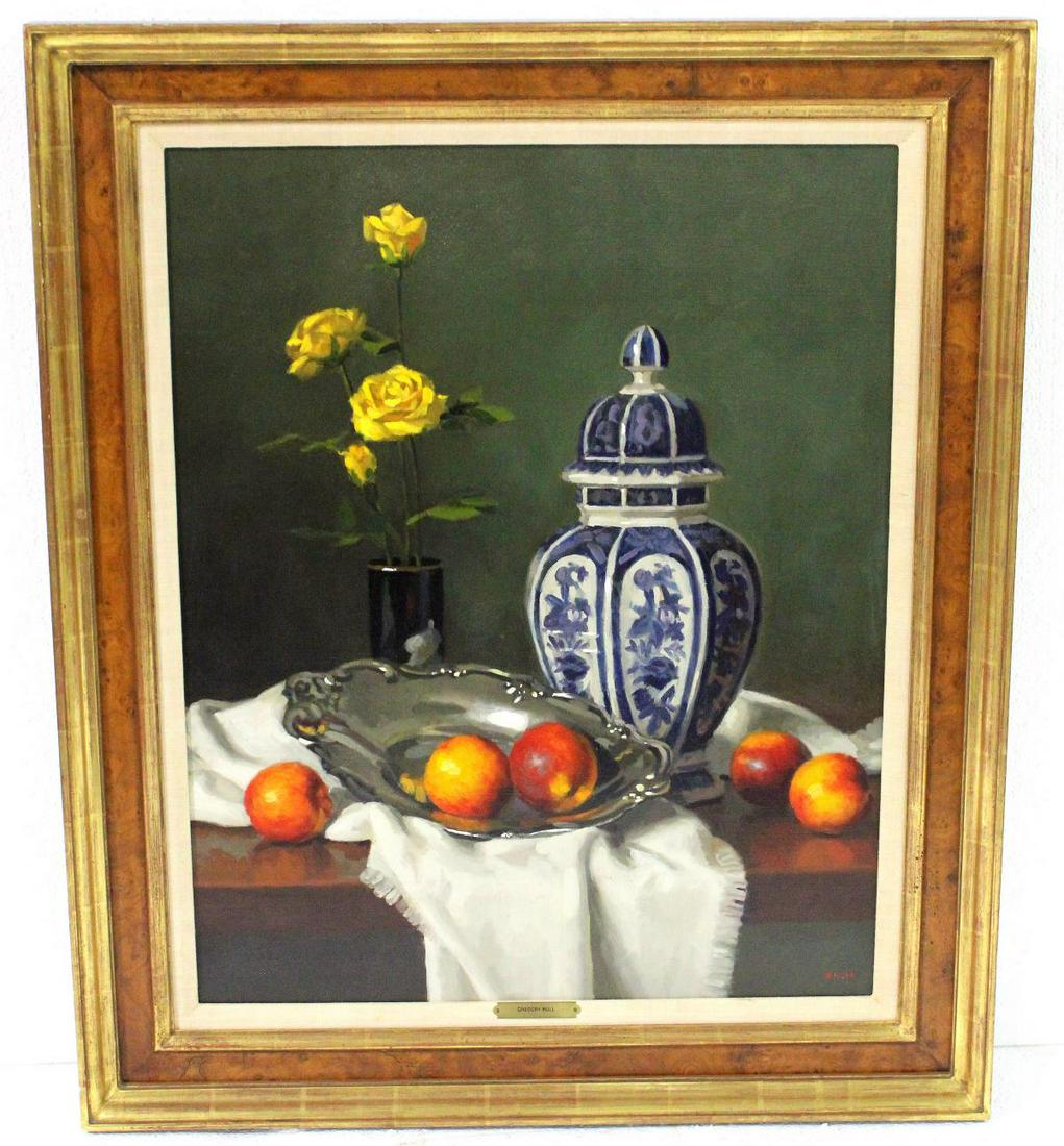 Signed Gregory Stewart Hull Oil on Canvas: Gregory Stewart Hull (american b 1950) oil on canvas still life signed lower right wally findlay gallery tag on verso measures 29" x 23 1/2" frame & matte is 4"
