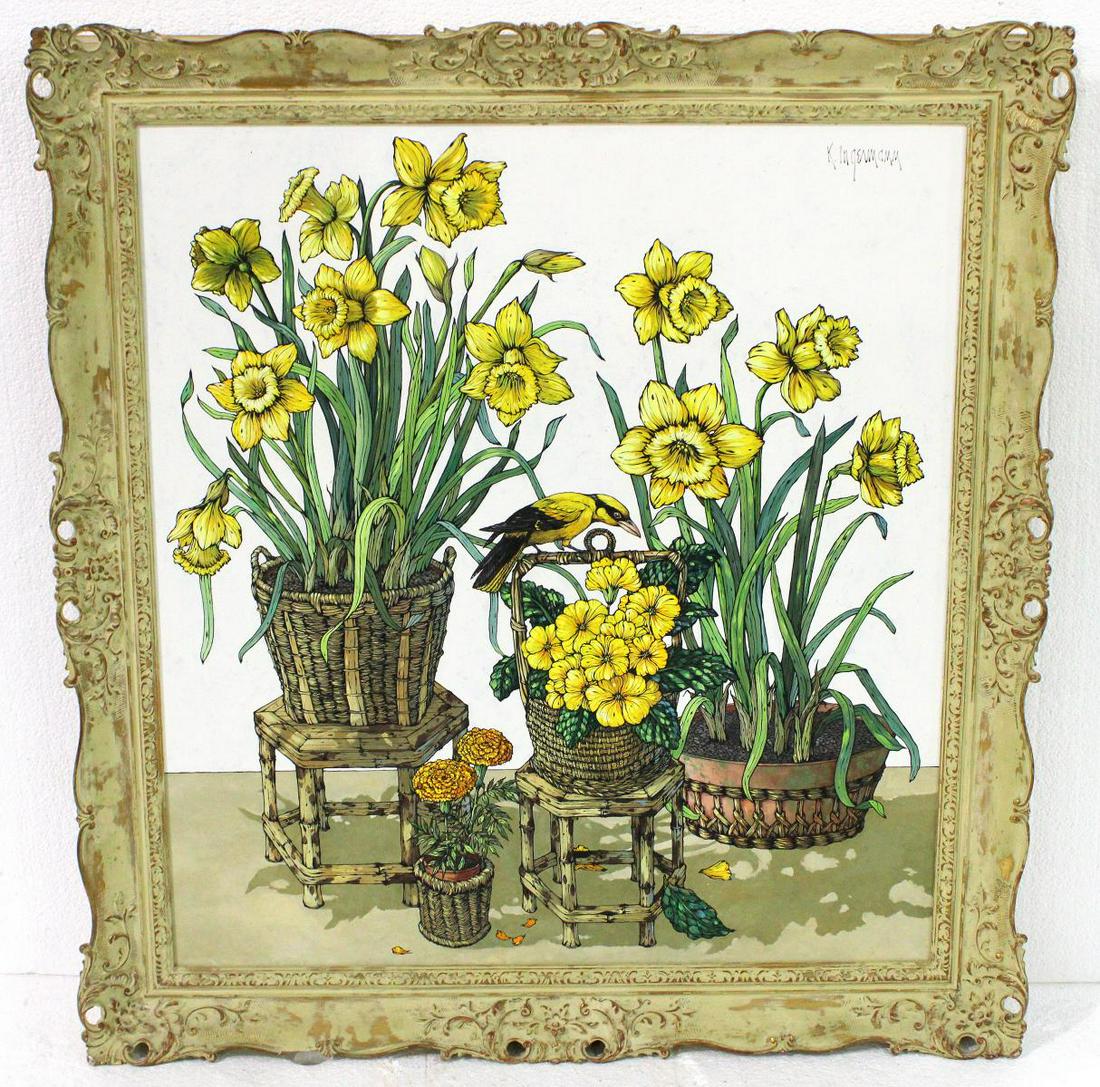 Signed Keith Ingerman Oil Painting on Board: Keith Ingerman (american b 1929) still life flower oil painting on board signed measures 33 1/2" x 30 1/2" frame is 4"