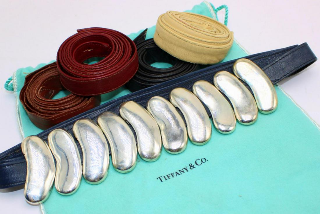 Tiffany & Co Elsa Peretti Sterling Silver Belt: Tiffany & Co Elsa Peretti for Halston sterling silver bean belt black leather tie 54" x 3/4" inserted through 10 sliding sterling bean shaped beads measures 2 1/2" x 3/4" includes 4 leather ties