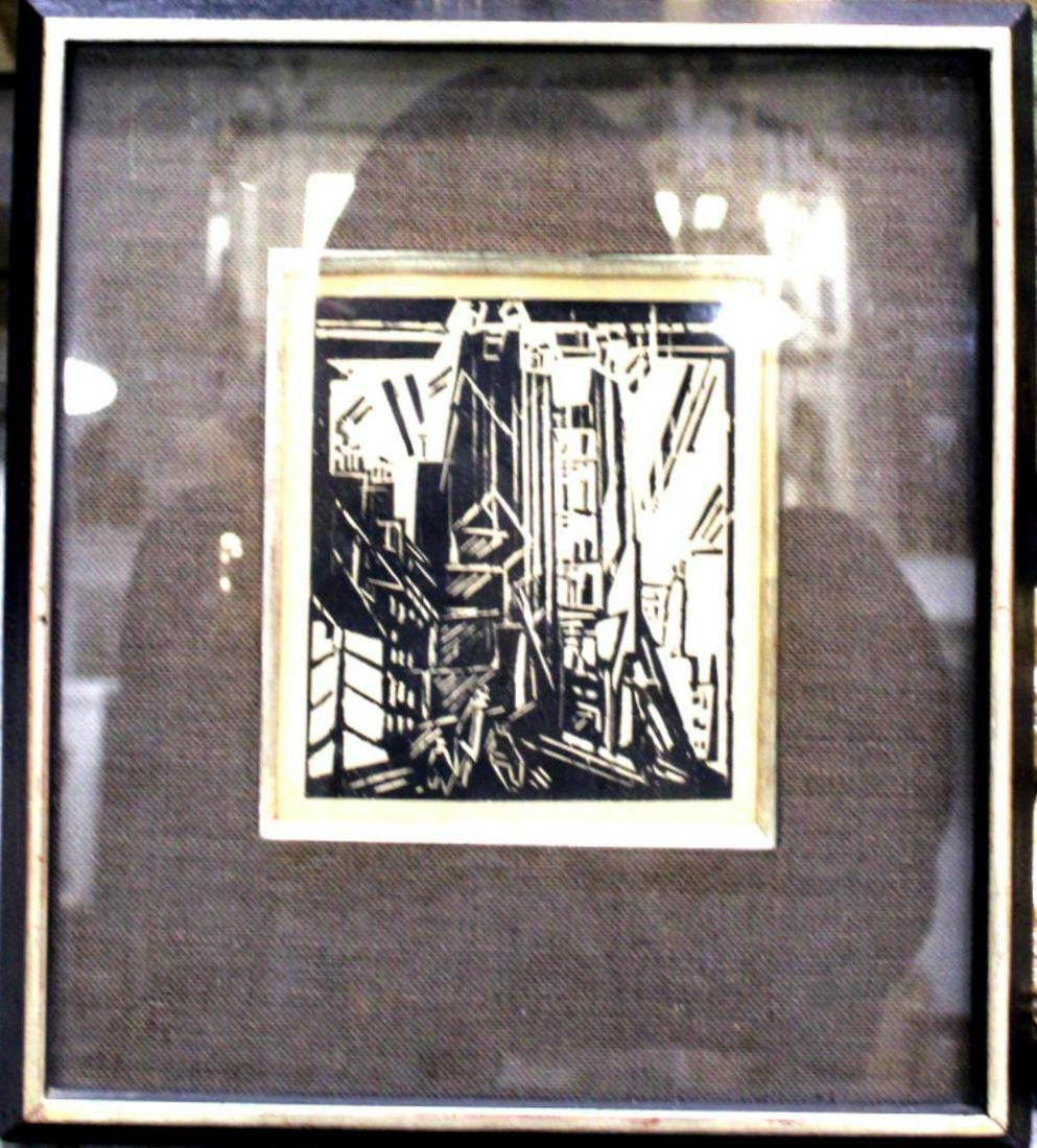 Lyonel Feininger Houses in Old Paris Woodcut: Lyonel Feininger (american, 1871-1956) houses in old paris woodcut with certificate measures 6" x 5 1/2" frame & matte is 3"