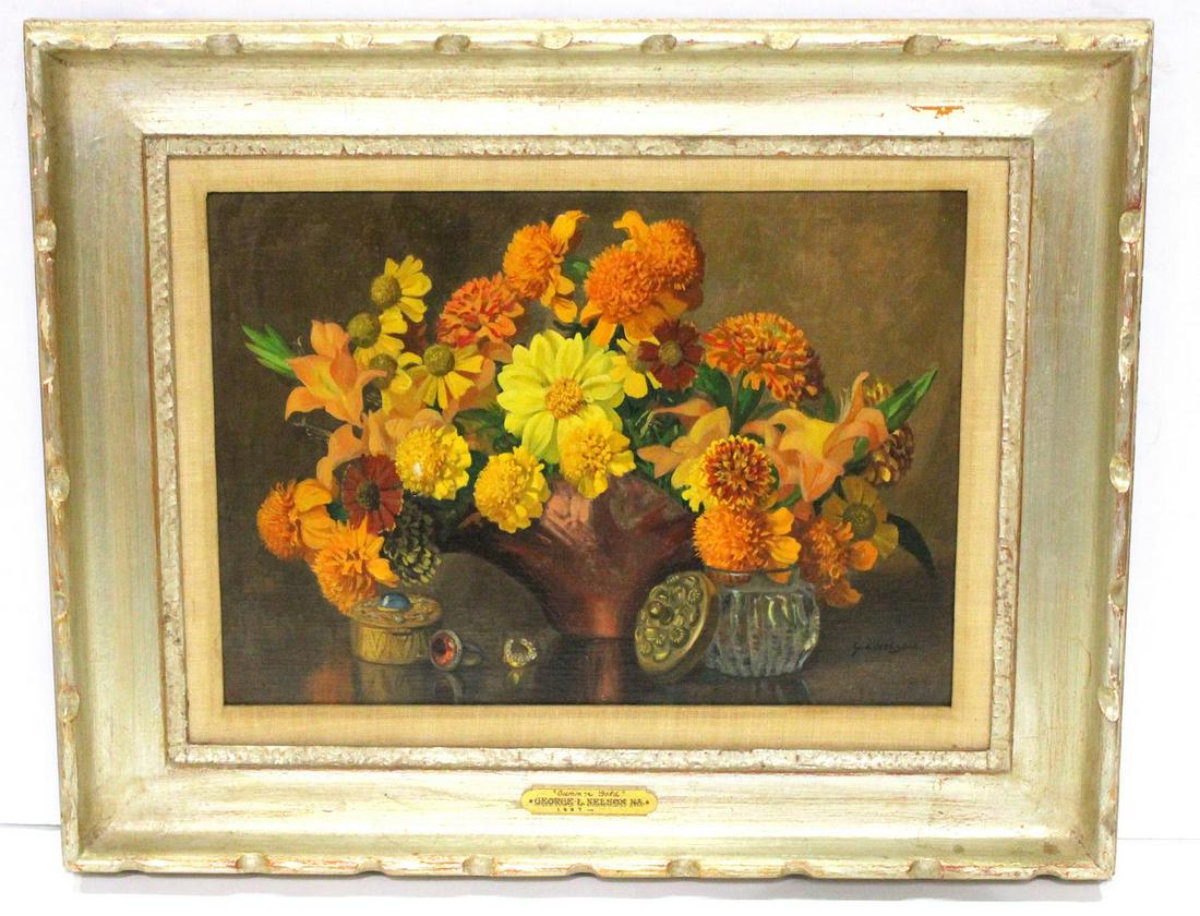 Signed George Laurence Nelson Painting: George Laurence Nelson (1887-1978) summer gold flower painting on board signed lower right measures 9 3/4" x 13 1/2" frame and matte is 3"