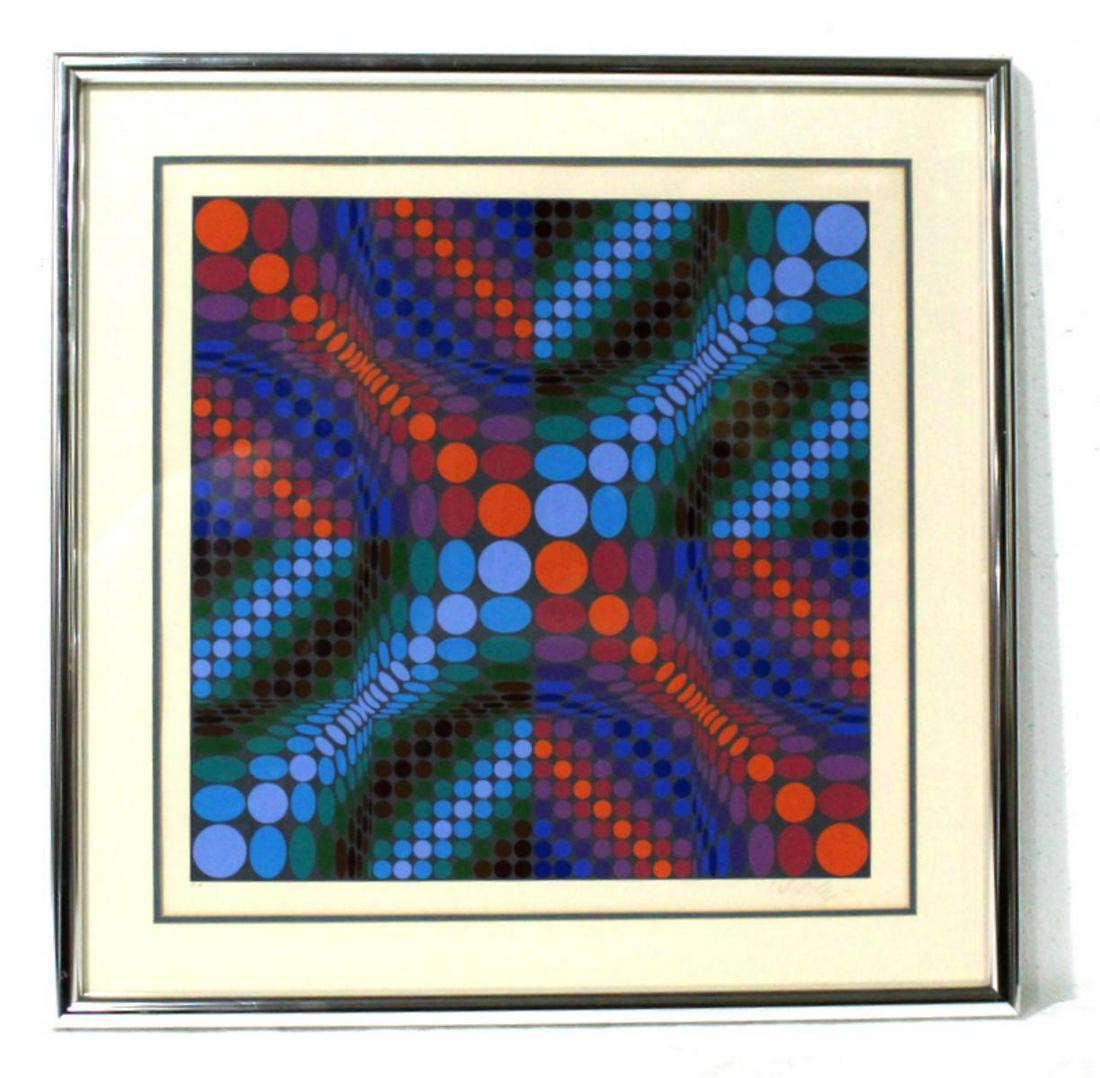 Signed Victor Vasarely Abstract Lithograph: Victor Vasarely ( French-Hungarian, 1906-1997) geometric abstract limited edition lithograph pencil signed lower right measures 23 1/2" x 23 1/2" frame and matte is 4 1/2"