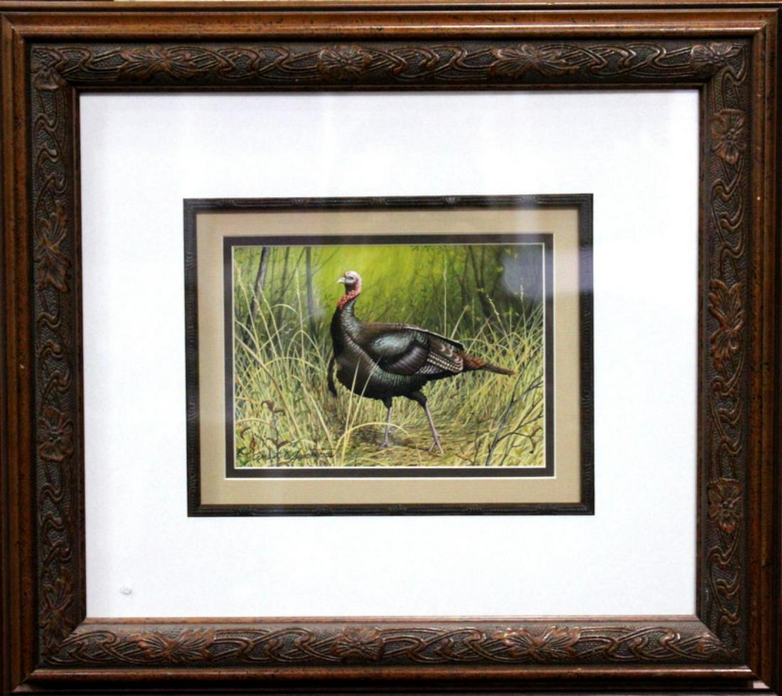 Signed Ernest C Simmons Watercolor on Board: Ernest C Simmons watercolor on board wild turkey signed lower left measures 5 1/2" H x 6 1/2" W frame and matte is 5"