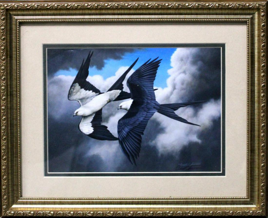 Signed Ernest C Simmons Print: Ernest C Simmons print of two swallows signed lower right measures 7 1/2" x 10 3/8" frame and matte is 2 3/8"