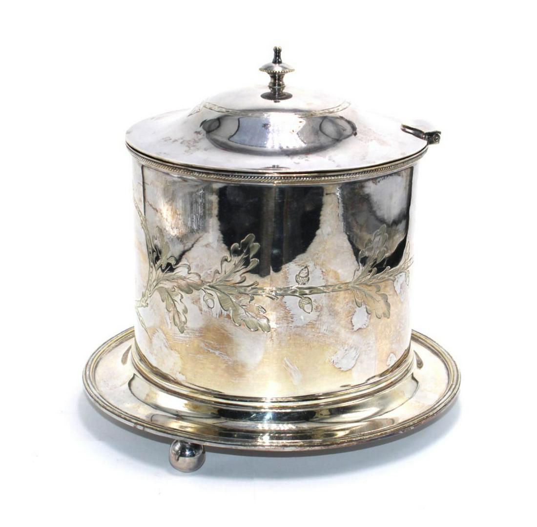 English Silver Plate Biscuit Barrel Cookie Jar: English silver plate biscuit barrel cookie jar measures 7" H x 7" W