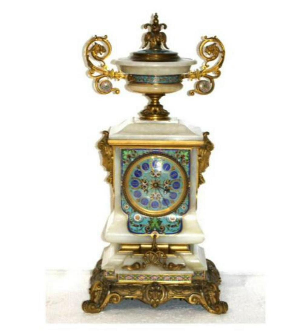 French White Onyx Ormolu Mounted Urn Finial: French white onyx ormolu mounted and champleve enamel with urn finial measures 22" x 10"