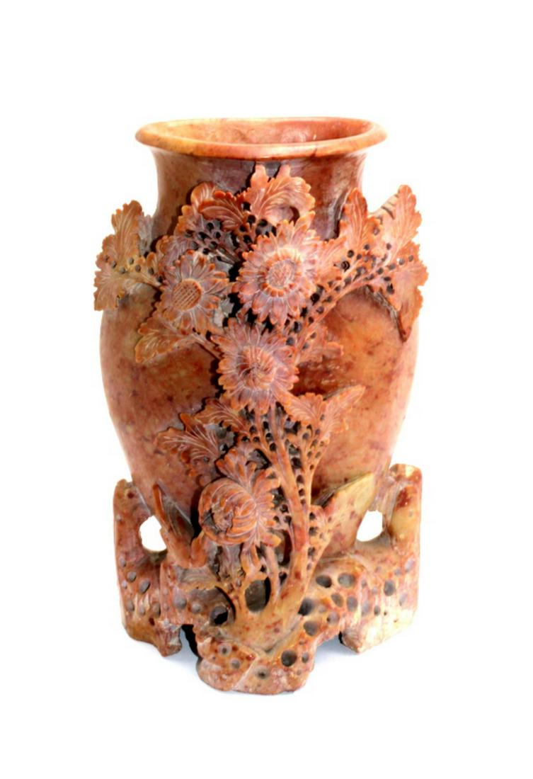 Chinese Carved Soapstone Floral Decorated Vase: Chinese carved soapstone floral decorated vase measures 9 5/8" H
