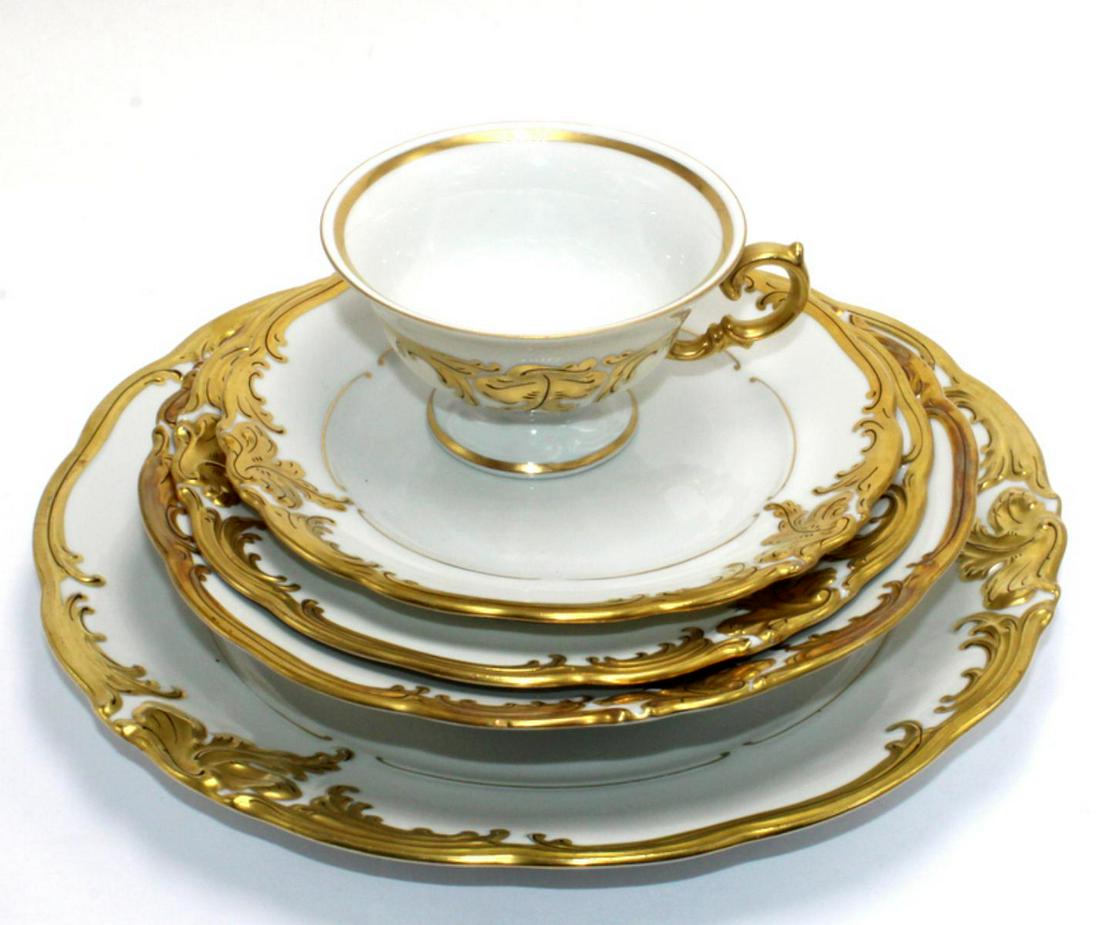 Walbrzych Gold and White China Dinner Set of 89 Pcs: Walbrzych made in Poland gold and white fine china lot of 89 pcs includes 11 dinner plates, 12 salad plates, 11 soup bowls, 12 bread plates, 11 saucers, 12 cups, 12 dessert bowls, 1 casserole, 1 teapo