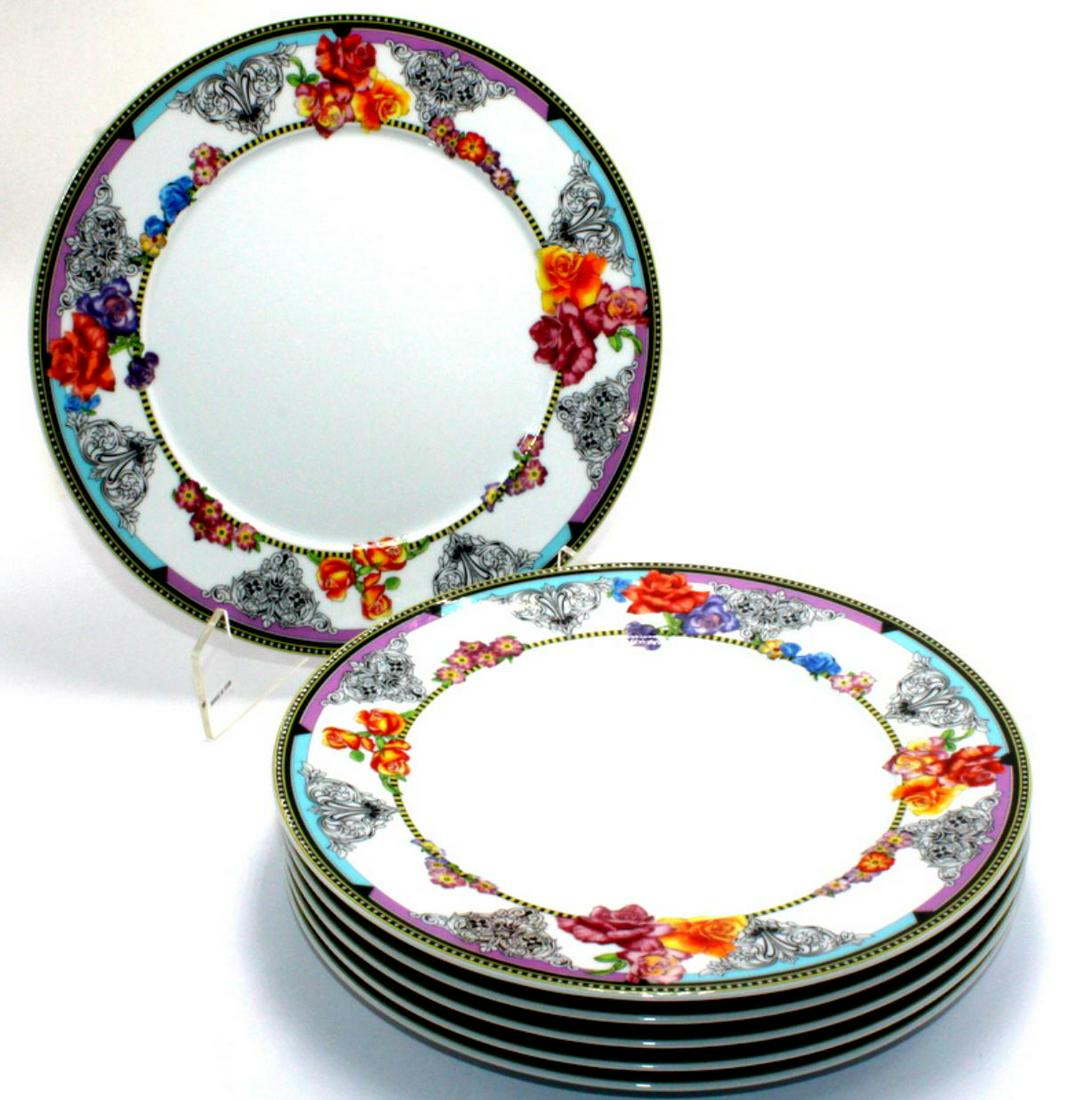 Six Rosenthal Versace Hot Flower Salad Plates: Six Rosenthal Versace hot flowers porcelain salad plates measures 9 1/2" DIA. Retail price is $150 each