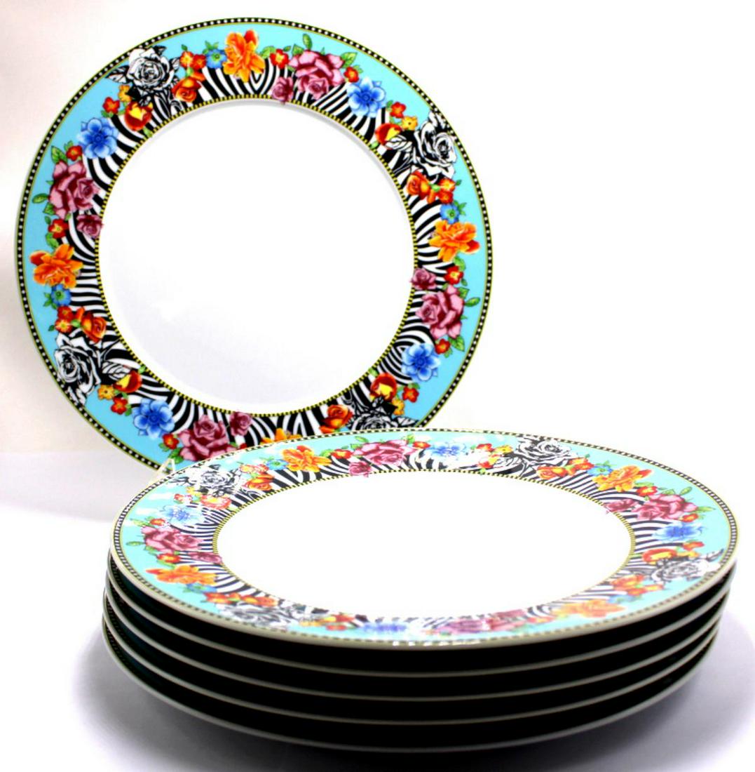 Six Rosenthal Versace Dinner Plates: Six Rosenthal Versace hot flower dinner plates measure 17 1/2" DIA. Retail price is $250 each