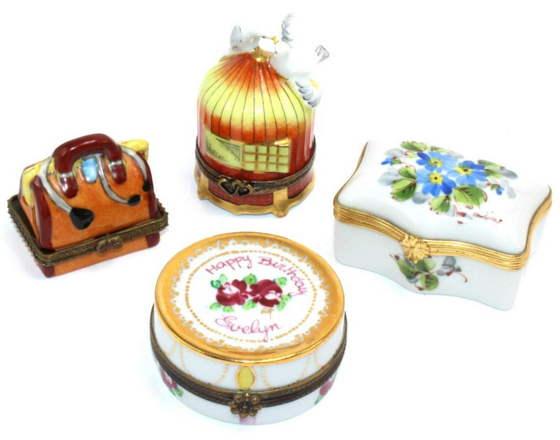 Lot of Four Limoge France Trinket Box: Lot of four Limoge France trinket box measures 2 1/2" x 1 1/2"
