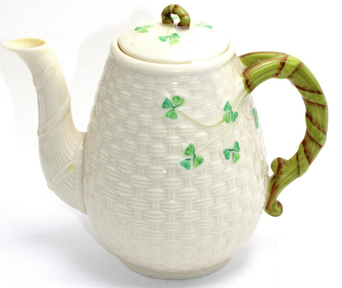 Belleek Green Mark Porcelain Teapot with Basket Wave: Belleek green mark porcelain teapot with basket weave design measures 7" x 7"