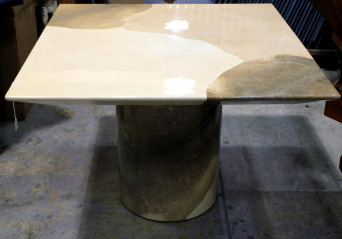 Karl Springer Lacquered Goatskin Table: Karl Springer lacquered goatskin dining table measures 29 1/2" x 49 1/2" x 49 1/2"