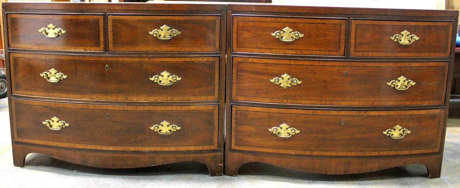 Pair of Henredon Banded Bowfront Four Drawer Chests: Pair of Henredon barded bowfront four drawer chests 18th century style mahogany portfolio chests measures 30" x 39" x 18"