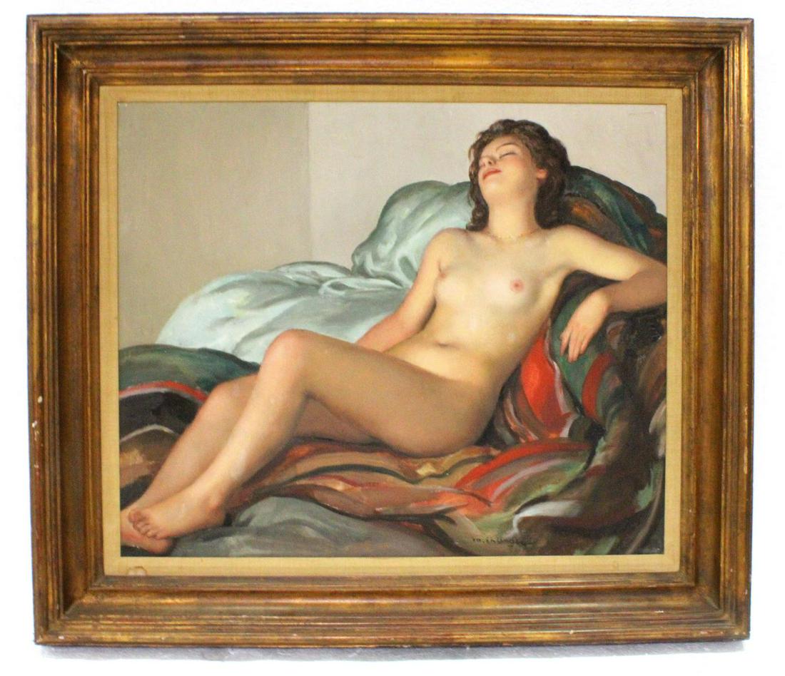 Signed Maurice Ambrose Ehlinger Oil Painting on Canvas: Maurice Ambrose Ehlinger (French, 1896-1981) oil painting on canvas reclining nude signed lower right measures 21 1/2" x 25" frame and matte is 4"