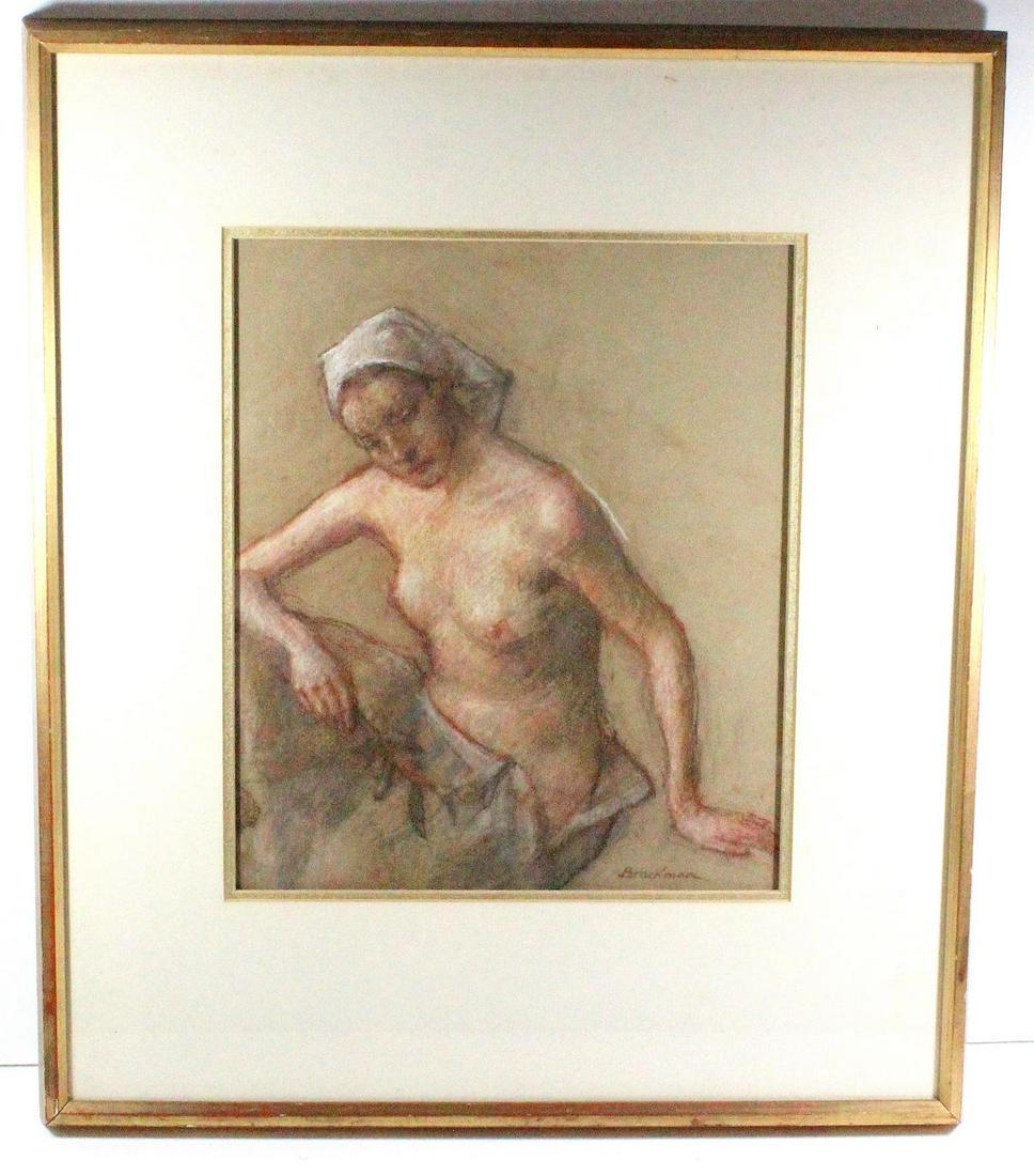 Signed Robert Brackman Pastel of Seated Woman: Robert Brackman (American b. 1898-1980) pastel of seated nude woman signed lower right measures 13"x 11" frame & matte is 4"